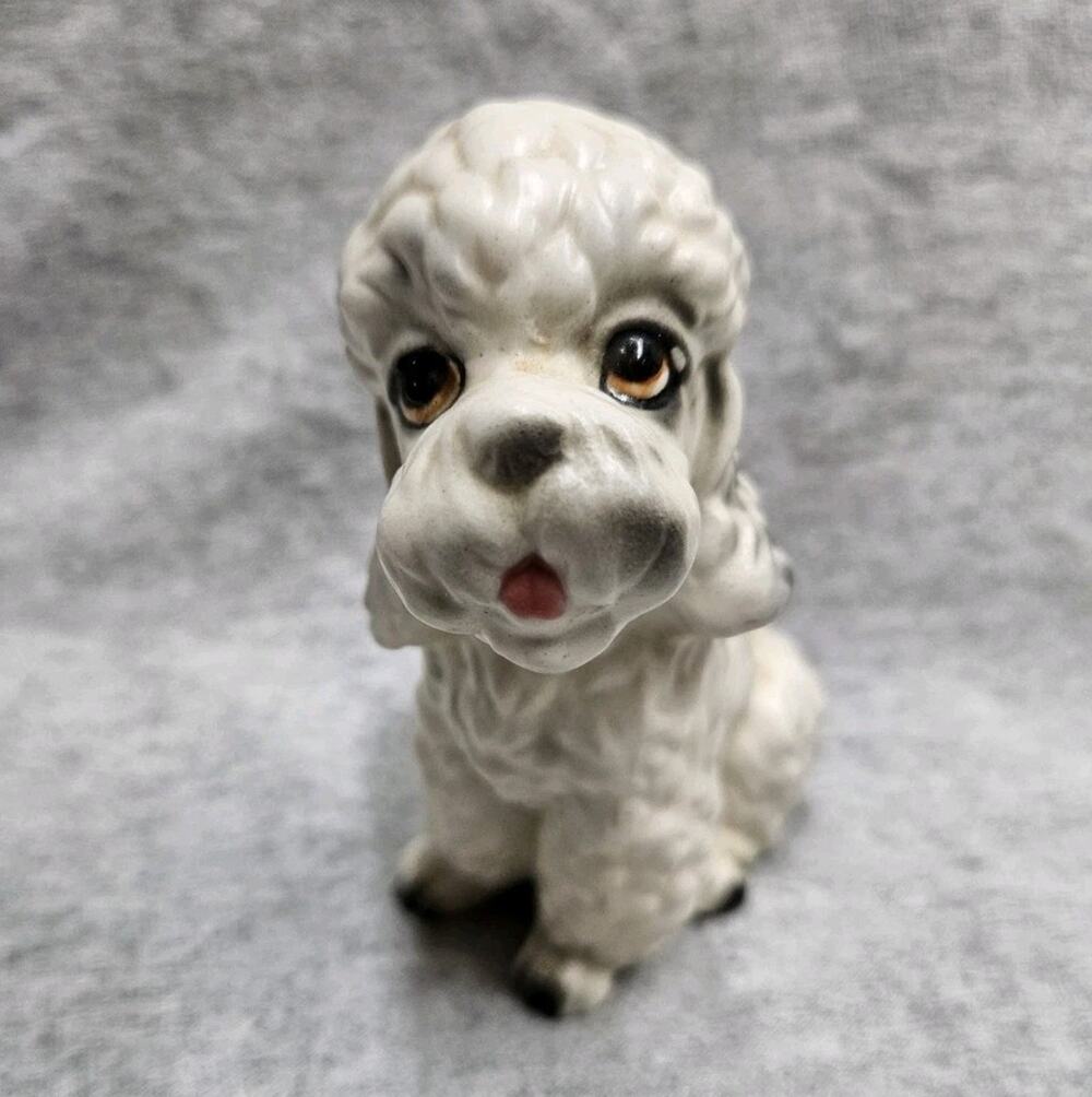 VTG Lefton White Poodle Figurine Sitting 4” Puppy Dog Ceramic H8081 Pink Tongue